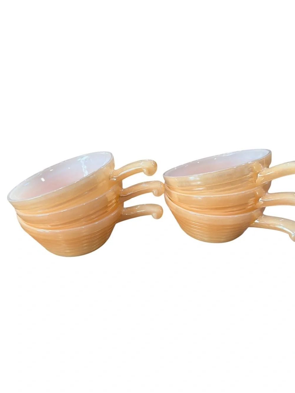 Vintage Fire King Peach Lustre Bee Hive Soup Bowls handles Lot of 6 Pearlescent